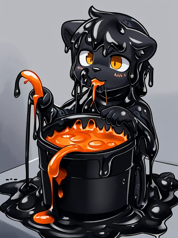 A male snow leopard cub,Only the head is exposed in a bucket filled with black slime,Covered with mucus,slimes,light orange cuollars,Covered with mucus,sink into((full of black goo)),Kneeling,A bucket of black slime poured on the face
