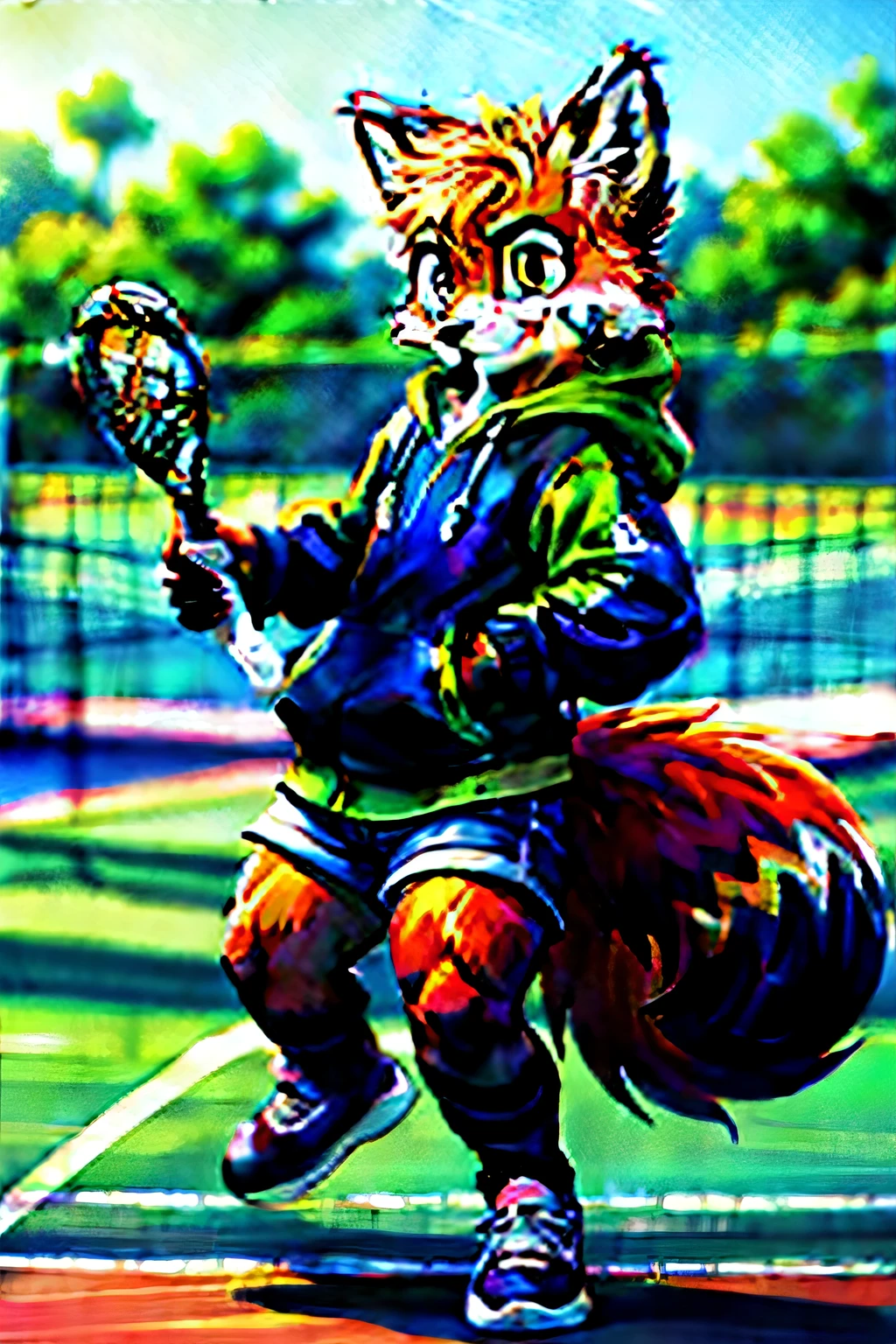 (anthropo lemur:1.3), Wavy Hair, Furry, good face, Good colors, good composition, Gorgeous eyes, (expressive face:1.2), Long fluffy tail, Whole body, (bohemian style, :1.3), (Anthropic fox, Playing tennis on the court, bicolor green and yellow, demonstration of speed and accuracy. :1.4), muscular legs, side glance, bandana, techwear, ((hoodie:1.2), blue jeans:1.2), Whole body, BREAK, (Best Quality, hiquality:1.4), Good colors, bright scene, Dynamic Scene,
