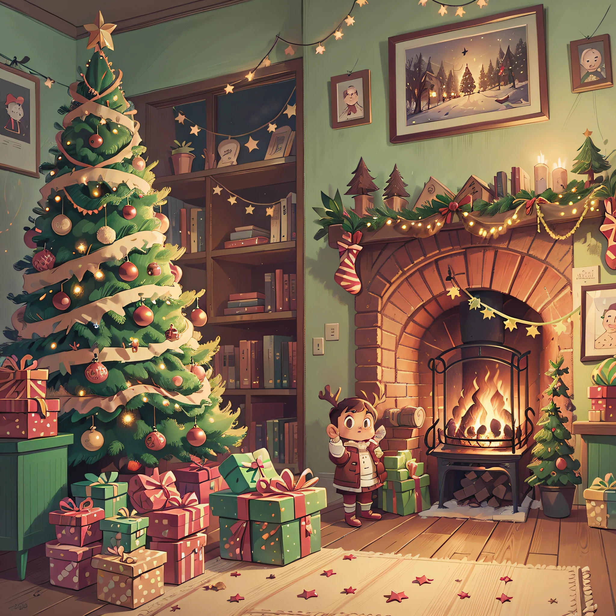Christmas tree, lareira, garotada, Noite, Cartoon illustration style, tons vintage, Presentes