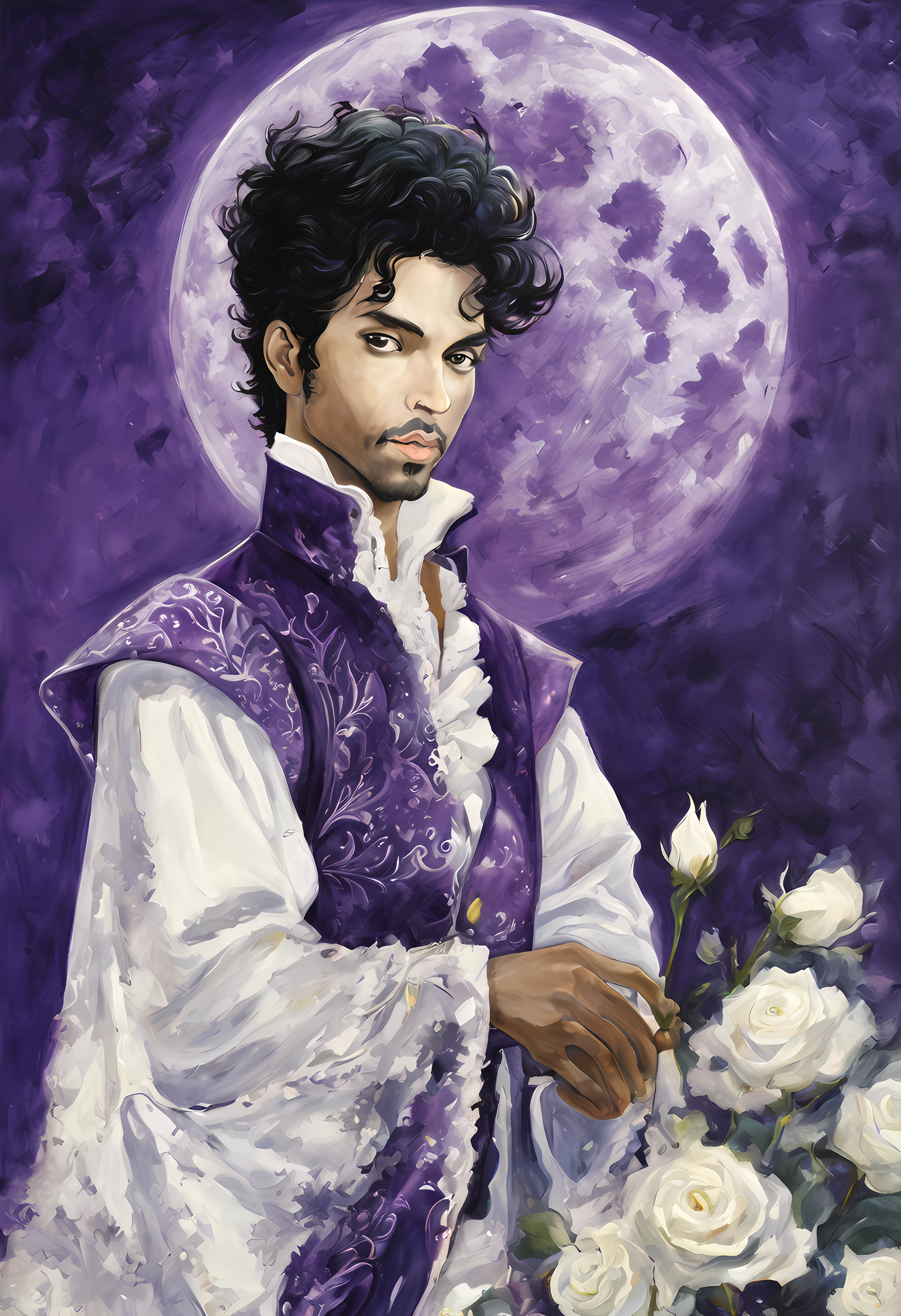 A painting of the Artist Formerly Known as Prince, in the art style of Ayami Kojima. Include use of molding paste, gloss polymer medium, and finger smudging. Include the color purple, white roses, and doves. Full moon in background