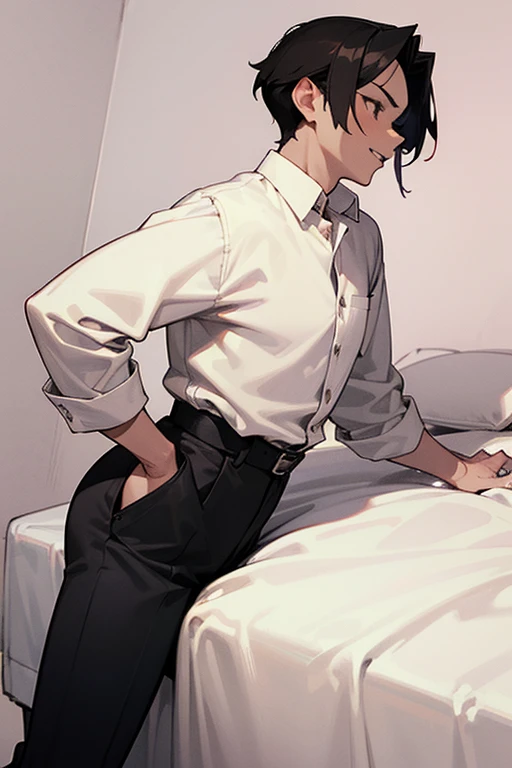 1 Boy, dark hair, white shirt, black slacks, on sheets, Long Sleeve Shirts, cool, (sexy:1.3), Fascinating, evil smile, Turn body to the front, (Facing forward.:1.0),(Looking forward:1.0),(parted lips), pale skin,(background: on bed in bedroom), sunset, high quality, high resolution, masterpiece