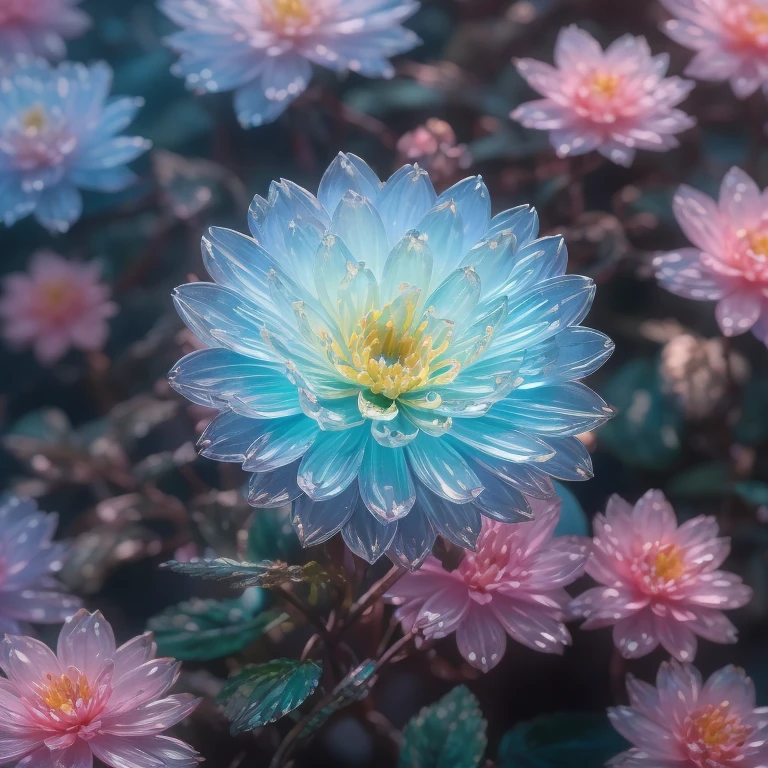 Crystal Blossom Flower、Many flowers bloom、cyan colors、black、water dripping、
Fantasia、intergalactic、cleanness、
glinting、SHINES、magnifica、colourfull、
magical photography, dramatic  lighting, photorealisim, The ultra-detailliert, 4K, depth of fields, hight resolution