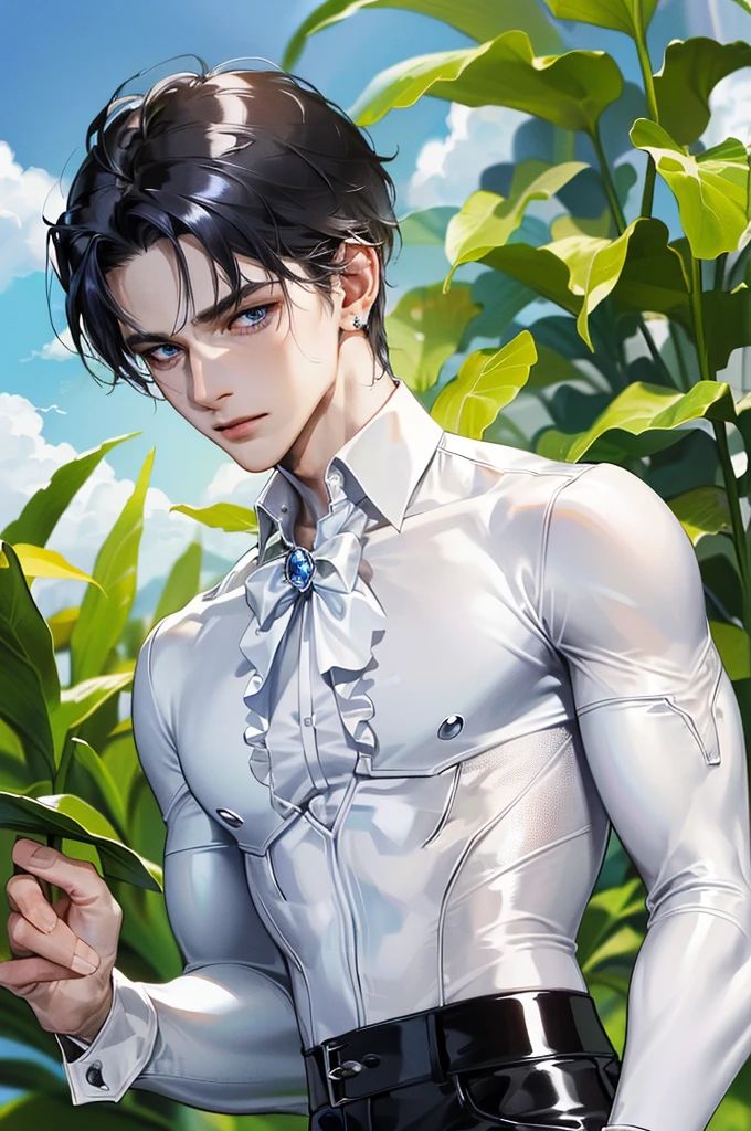 masterpiece, absurdres, best quality, ((1man)), one, attractive, masculine, masculine face, attractive, muscular, perfect detailed face, perfect detailed hands, pale skintone, blue eyes, red short hair, upper body, earrings, silver jewelry, white blouse, black leather pants, (shiny skin, shiny body, shiny oily luster skin, shiny hair), garden background, intricate details