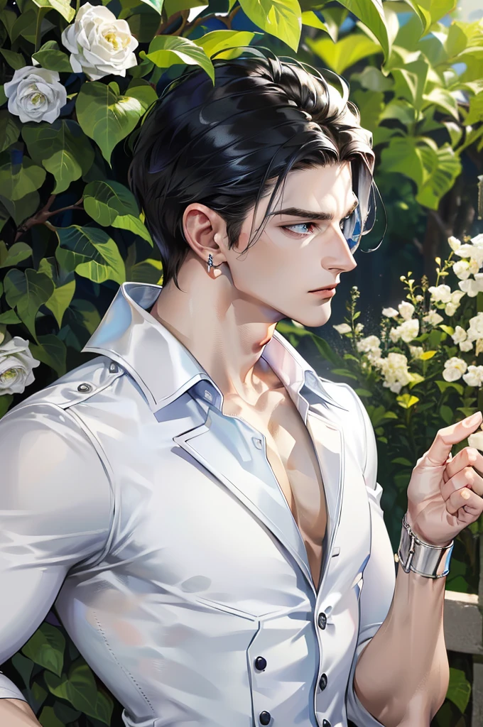 masterpiece, absurdres, best quality, ((1man)), one, attractive, masculine, masculine face, attractive, muscular, perfect detailed face, perfect detailed hands, pale skintone, blue eyes, red short hair, upper body, earrings, silver jewelry, white blouse, black leather pants, (shiny skin, shiny body, shiny oily luster skin, shiny hair), garden background, intricate details