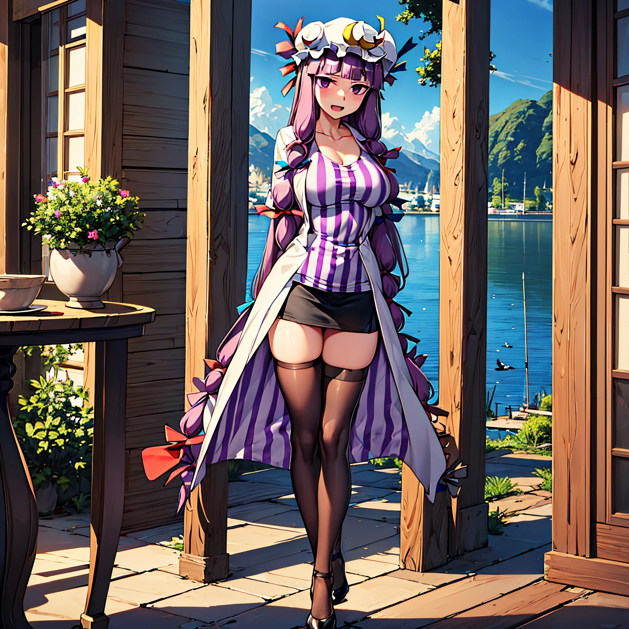 (solo Patchouli standing with open thin legs wide:1.8), (open slim thighs:1.5), solo, (standing at lakeside forest:2.0), BREAK, (thin long legs:1.5), (short torso:1.5), (large perky breasts:1.4), (thin waist:1.2), (arms behind back:1.5), BREAK, (long black thighhighs:1.4), (very short skirt:1.8), highheels, (pigeon toed:1.2), BREAK, (long hair flapping in wind:1.5), BREAK, smile for viewer, nose blush, open mouth, heavy breathing, BREAK, full body, masterpiece