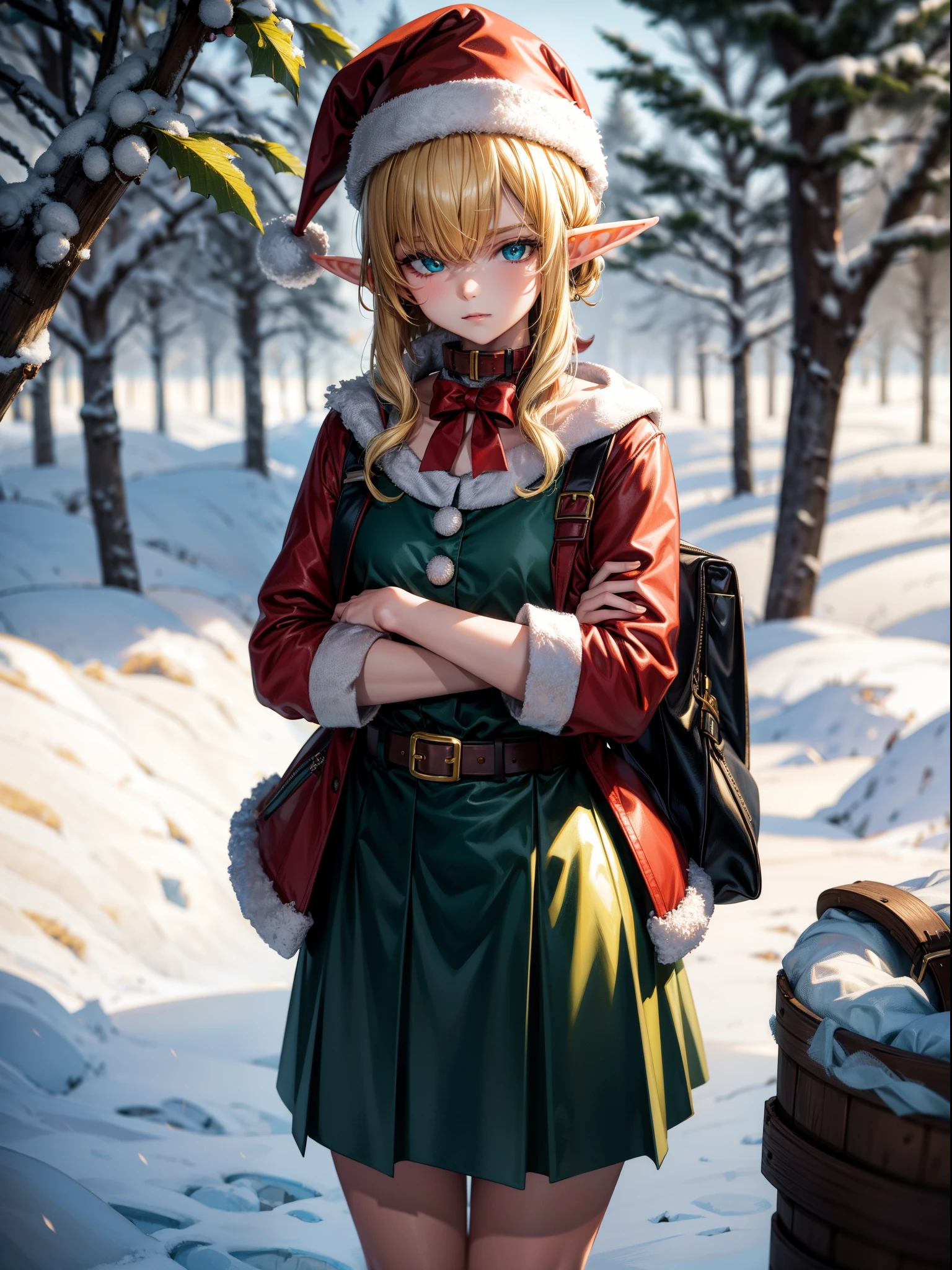 Solo best quality, masterpiece, extremely detailed CG, extremely detailed 8K wallpaper, outdoors, snowy woods, Christmas, Elf girl, extremely detailed character ultra-detailed, beautiful, solo girl, perfect face, sharp focus, intricate details, ultra detailed body, ultra detailed hair, pale, blonde hair, a green santa's elf outfit, green hat with gold bell, blue eyes, leaning against a tree, looking at viewer, irritated expression, bags under eyes, bottles of beer around girl, pointy elf ears, a little short, crossing arms, petite body, flat chest, green shoes that curl, white and red striped shirt, green elf jacket, leather belt with golden buckle, irritated face, overworked, santas's little elf outfit, black bags under eyelids,