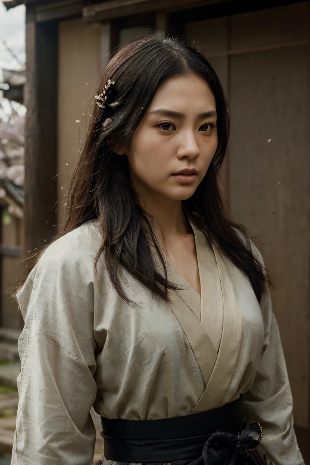 (best quality, ultra-detailed, realistic:1.37), (female, Japanese, ronin), (heroine, katana, samurai, head and shoulders portrait), (intricately detailed eyes), (portraits, concept artists), (vibrant colors), (soft natural lighting), (traditional elements), (falling sakura petals), (subtle pinks and purples), (dynamic composition), (intricate patterns on kimono), (powerful yet elegant pose), (focus on facial expression), (flowing black hair), (determined and focused eyes), (fine brush strokes), (traditional Japanese brushwork), (sense of tranquility and inner strength), (subtle highlights and shadows), (authenticity in clothing and accessories), (capturing the samurai spirit), (subtle cultural references), (depth and dimension in the artwork), (intricate detailing on the katana), (emotive and expressive art style), (symbolism and storytelling through visuals), (graceful and confident posture), (soft and delicate features), (subdued color palette to enhance moodiness), (powerful and intense gaze), (dynamic and captivating composition), (emphasis on the elegance and strength of the ronin), (fluid and organic lines), (attention to atmospheric perspective), (capturing the essence of Japanese culture), (attention to character backstory and narrative), (iconic and timeless representation of a female samurai), (attention to historical accuracy in costume and weapons), (attention to intricate armor details), (sense of mystery and mystique surrounding the character).