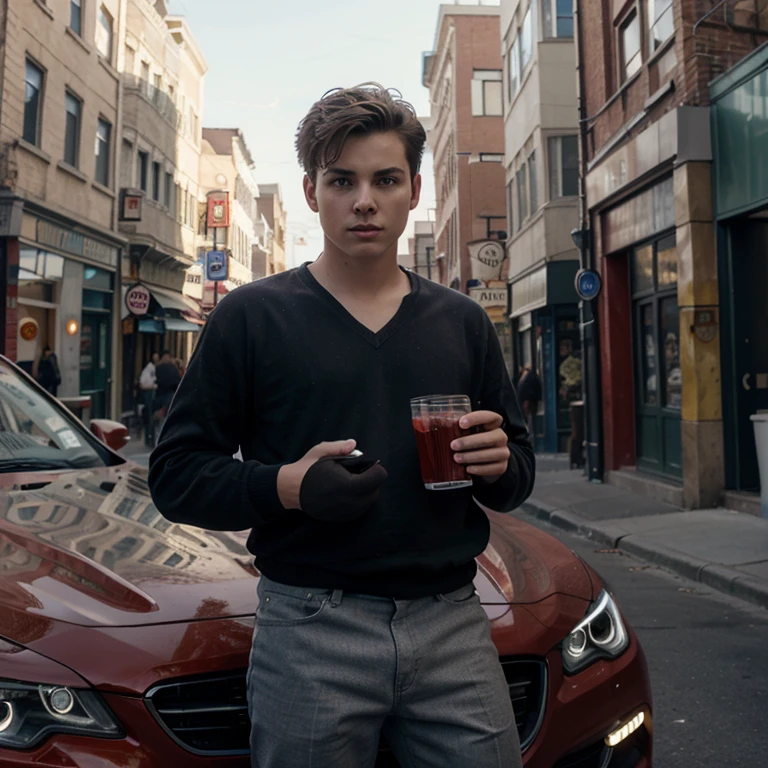 A boy with a car drink red Vine Street futuris tic background realistid