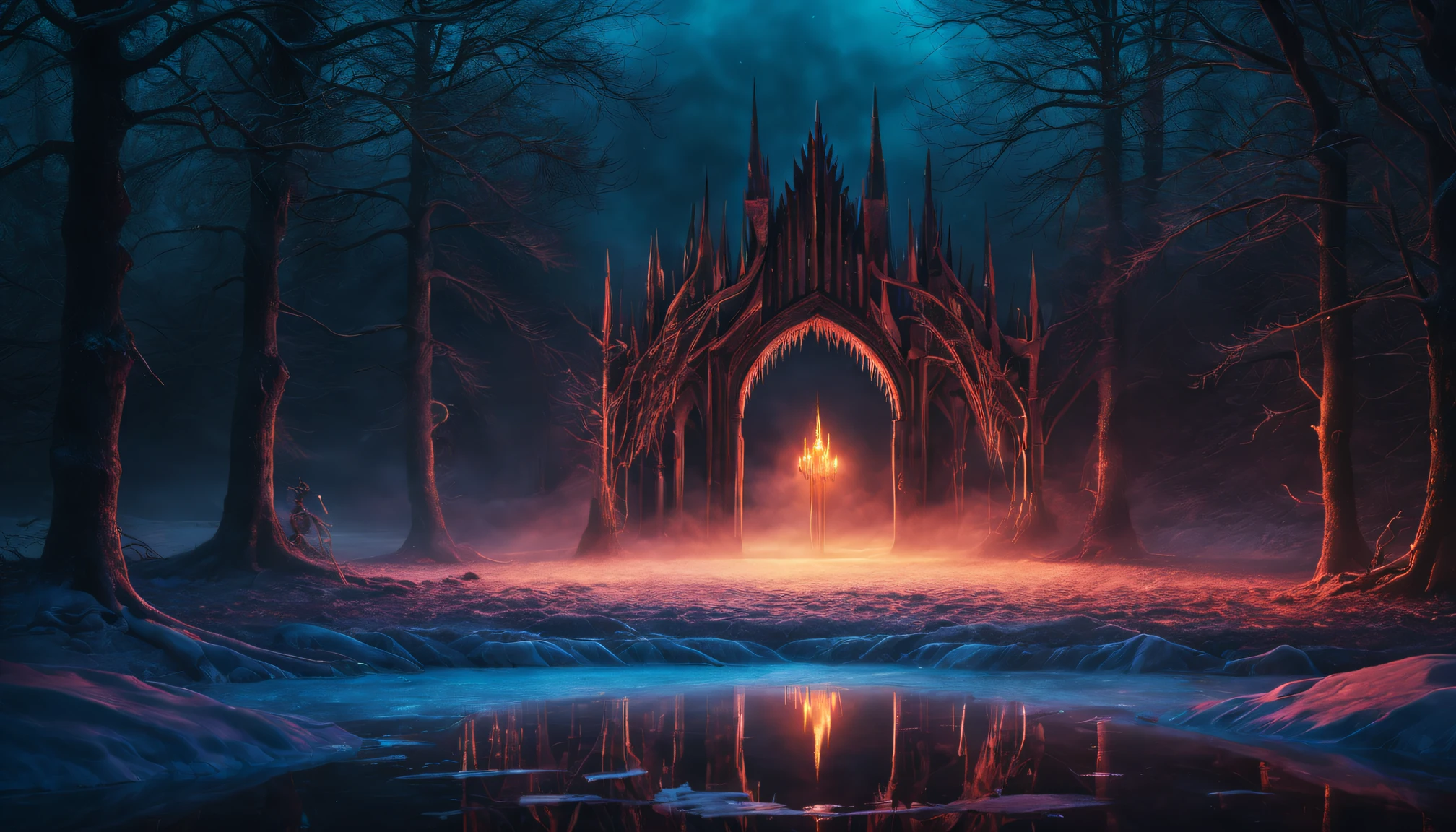 (Best quality at best, 8K分辨率:1.2), ultra - detailed, actual:1.37, HighDynamicRange, Studio lighting, vivd colour, bokeh, Frozen lake，With glowing arcs and metal light chain, Movie poster style, High-resolution top-down photography, accept《games of thrones》inspired style, Disturbing, terror, Creepy appearance