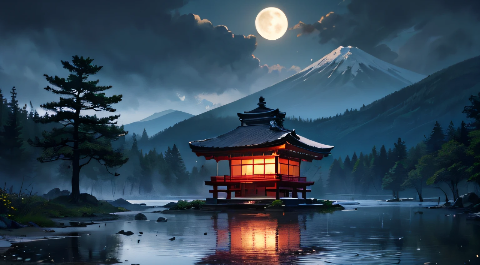 rainy day, night, mountain, water, temple, warm, high res, ultrasharp, 8k, masterpiece, reflection, japan, moon light, nature, zen