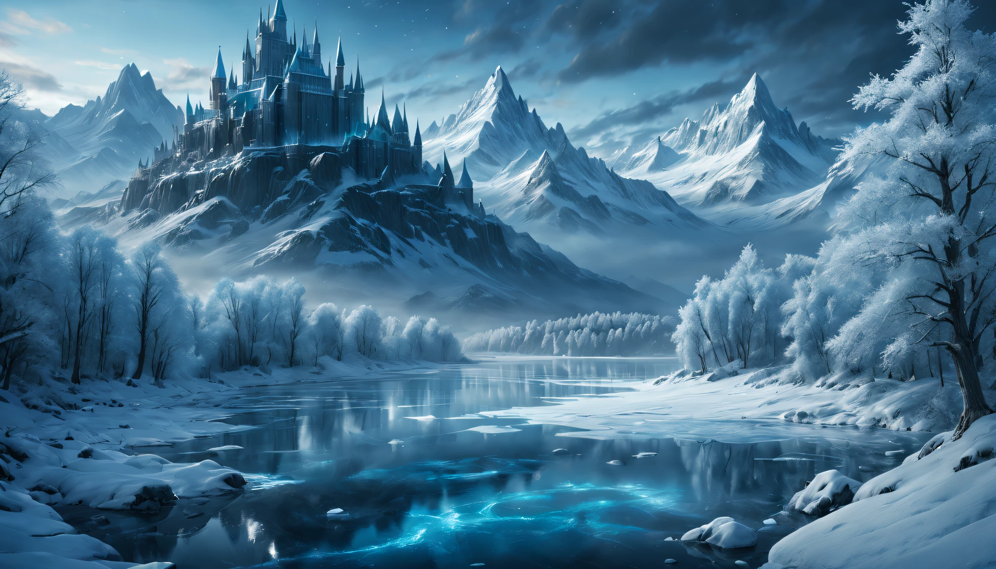 (Best quality at best,4K,8K,A high resolution,tmasterpiece:1.2),ultra - detailed,actual:1.37,Winter wonderland,Frozen lake,Glowing arcs sparkle on the frozen lake,Metal light chain,Detailed snow covered trees and mountains,Fantastic atmosphere,game of thrones style,Poster style,Highly detailed top-down photography,Icy texture,Blue and white color palette,dramatic lights