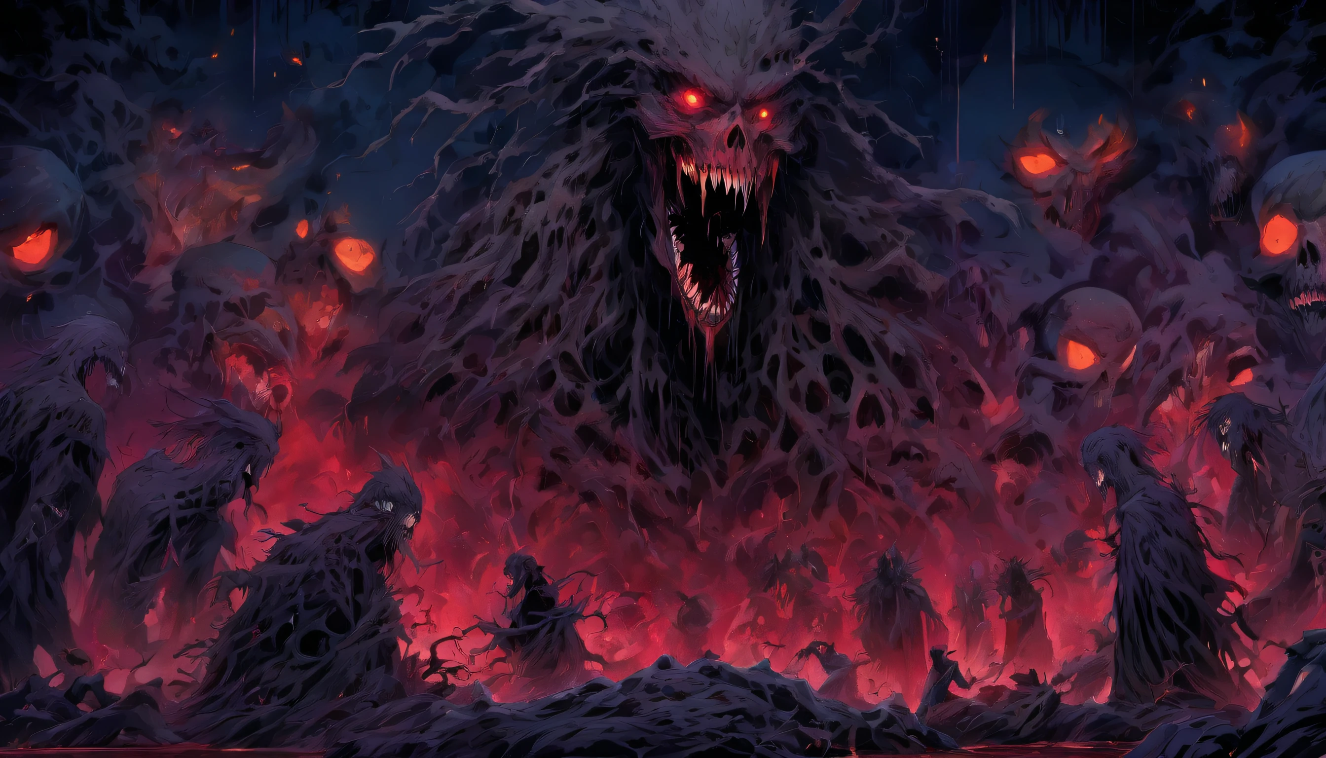Uma imagem que retrata mortes macabras e violentas. Imagem tem um Wendigo Cenas de tortura, mutilation and carnage make up this chilling composition. O sangue jorra profusamente, bodies are dismembered, and expressions of pain and terror are vivid. The environment is full of grotesque elements and an atmosphere of absolute dread. This image is a sinister journey through the deepest horrors of mortality.