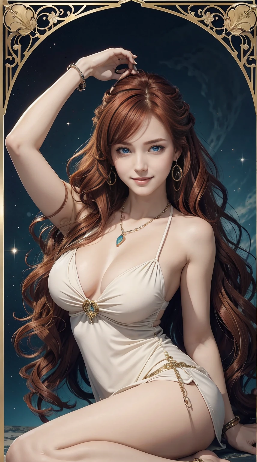 25-year-old Caucasian woman、hair color is reddish、I changed my hair color in some parts with inner color.、blue eyess、Semi-long、setting hair、I'm tying my hair、My hair is wavy、Slender but thin macho、accessories on the wrist、wearing a chain necklace、Beautiful breasts、a smile、I need space above my head、wearing a mini princess dress、Wearing mules、a smile、art nouveau background
