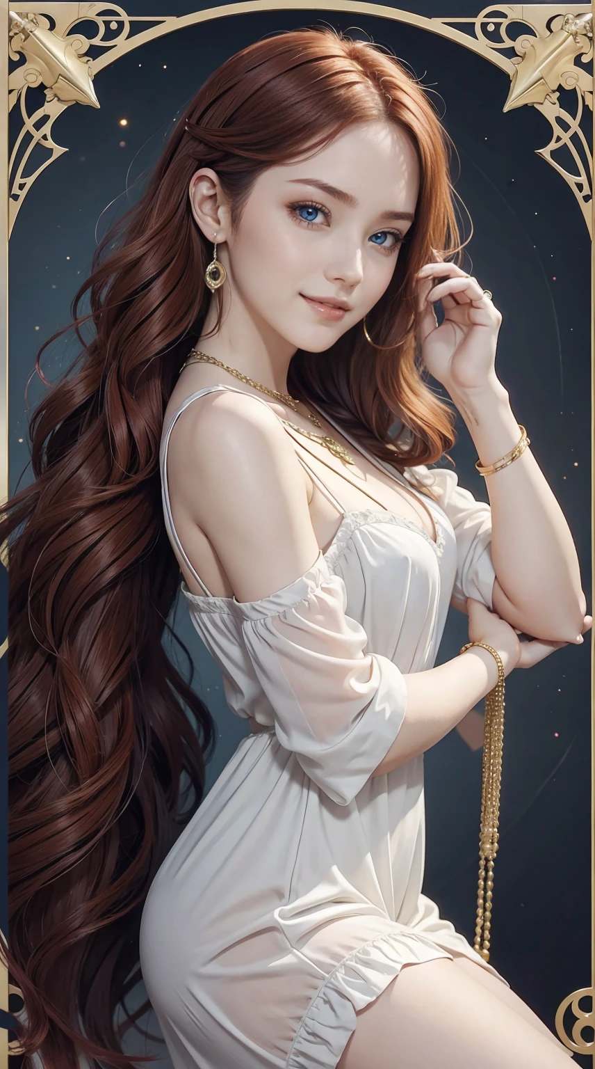 25-year-old Caucasian woman、hair color is reddish、blue eyess、Semi-long hair、setting hair、Wearing hair ornaments、My hair is wavy、Slender but thin macho、accessories on the wrist、wearing a chain necklace、Beautiful breasts、a smile、I need space above my head、She is wearing a transparent mini-length princess dress.、Wearing mules、a smile、art nouveau background
