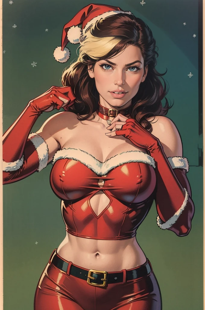 1womanl, Elisha Cuthbert、Solo, Long hair, Brown hair, gloves, Bare shoulders, Green eyes, elbow groves, Lips, Christmas, santa hat, Red gloves, santa costume, Realistic, A cozy Christmas workshop, Pubic hair shows through, Colorful, High contrast, Intricate background, highly detailedskin, 8K, nffsw,(SFW)