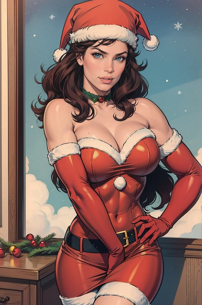 1womanl, Elisha Cuthbert、Solo, Long hair, Brown hair, gloves, Bare shoulders, Green eyes, elbow groves, Lips, Christmas, santa hat, Red gloves, santa costume, Realistic, A cozy Christmas workshop, Pubic hair shows through, Colorful, High contrast, Intricate background, highly detailedskin, 8K, nffsw,(SFW)