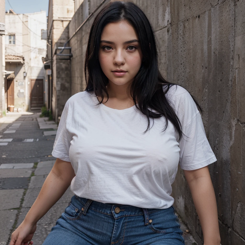 Portrait of a beautiful girl blushing, chubby, natural skin, beautiful eyes, straight black hair, t-shirt , jeans, background in a narrow alley, cinematic, very real, 64k resolution