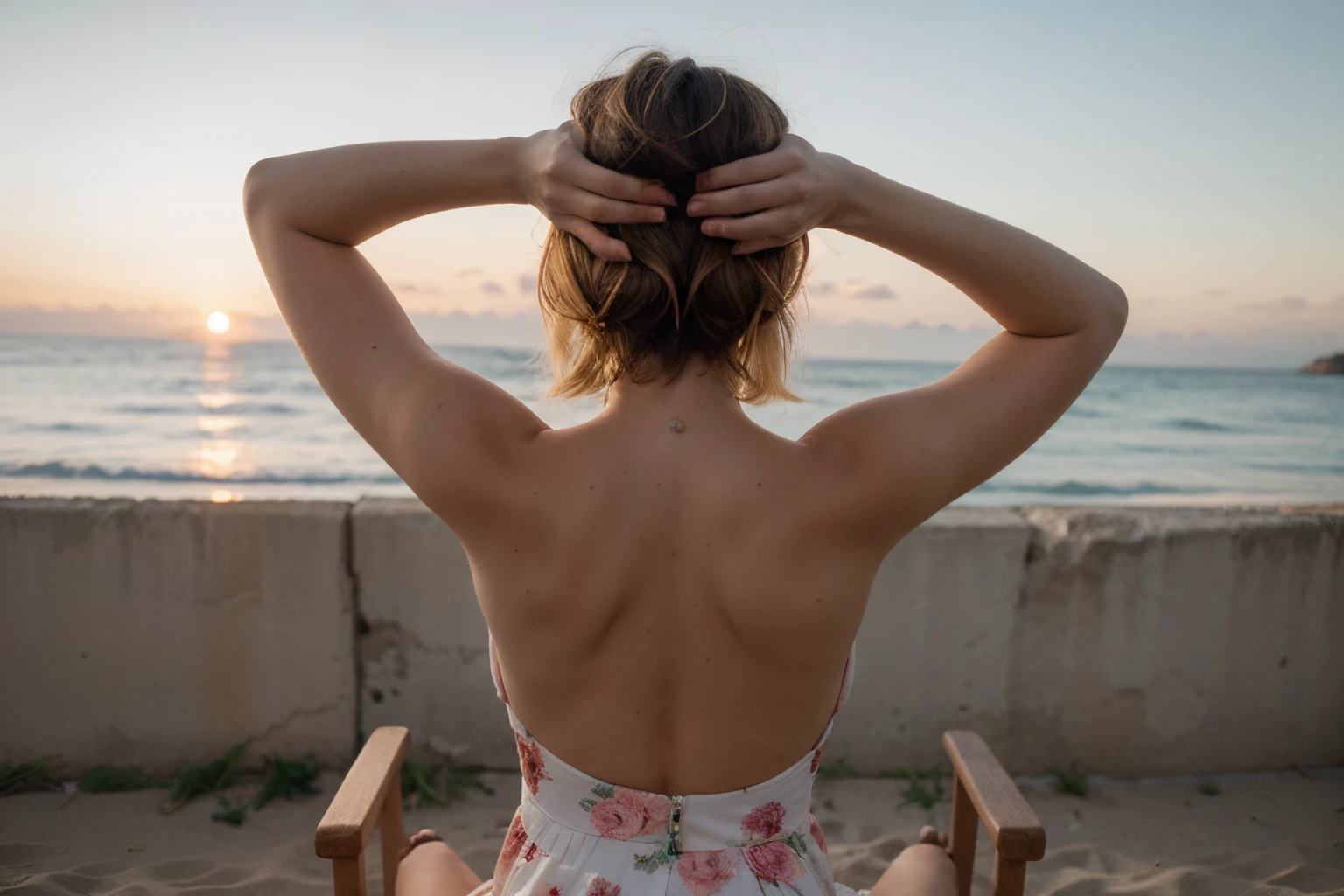 8k, RAW photo, Fujifilm, style photo of man resting on a beach chair, with hands clasped behind their head, watching the sunset, scene seen from behind the person (highly detailed skin: 1.2) Style-Petal BREAK short hair, blonde hair with colored locks, wearing a dress, film granulation, 35mm, cute style