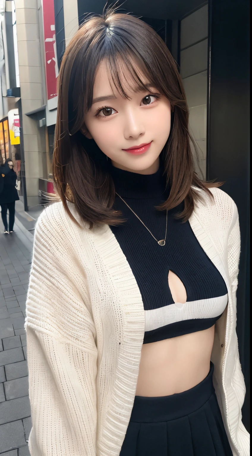N.f.s.in.、highest quality、confused、Super detailed、finely、High resolution、8k wallpaper、perfect dynamic composition、beautiful and detailed eyes、Gorgeous knitted Korean winter clothes、skirt、(skirtをたくし上げる)、(show lace pantieedium hair、bangs、flat chest、scarf、natural color lip、bold sexy pose、smile、Cafe、Japanese、 girl、cute、sexy shot looking at camera、Always blur the background、完璧in美しい顔,Take only the face、beautiful and detailed face、slim face and style