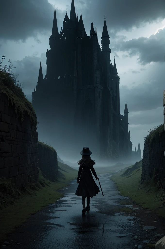 shadow figure, going on a adventure, walking away from viewer, fantasy world, scenery, dark vibes,