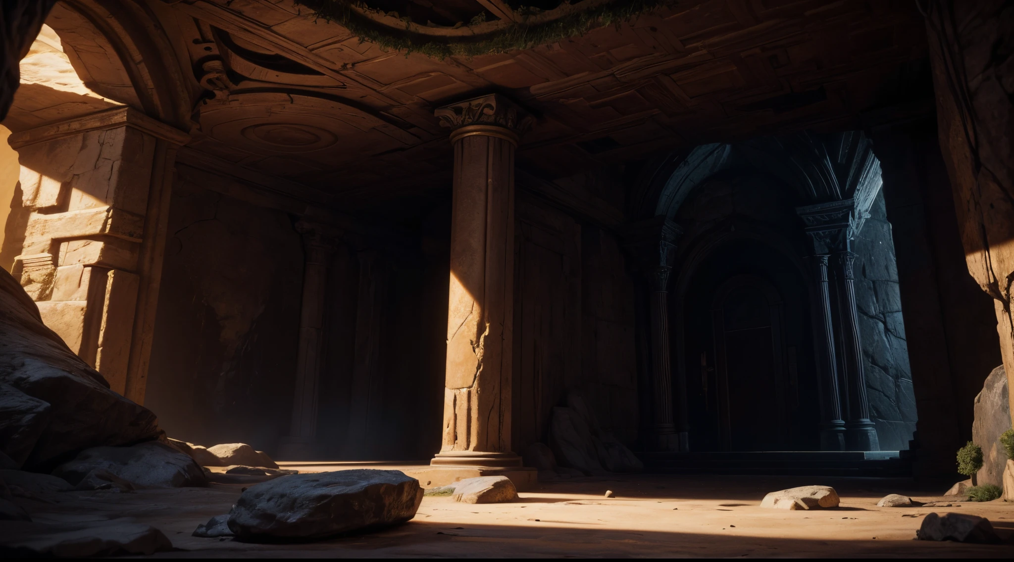 (best quality,4k,8k,High,masterpiece:1.2), ultra-detailed, realistic, realistic fighting game setting, the setting is the inside of an ancient cave, very wide cave, at the bottom there is a golden chalice centered in the middle of the room, very dark night, studio lighting