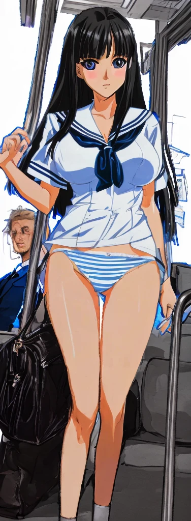 A beautiful woman with long black hair, big breasts, and beautiful legs is standing in a sailor uniform with a white miniskirt, boldly showing light blue and blue striped panties, and looking at a middle-aged office worker man on the bus.。