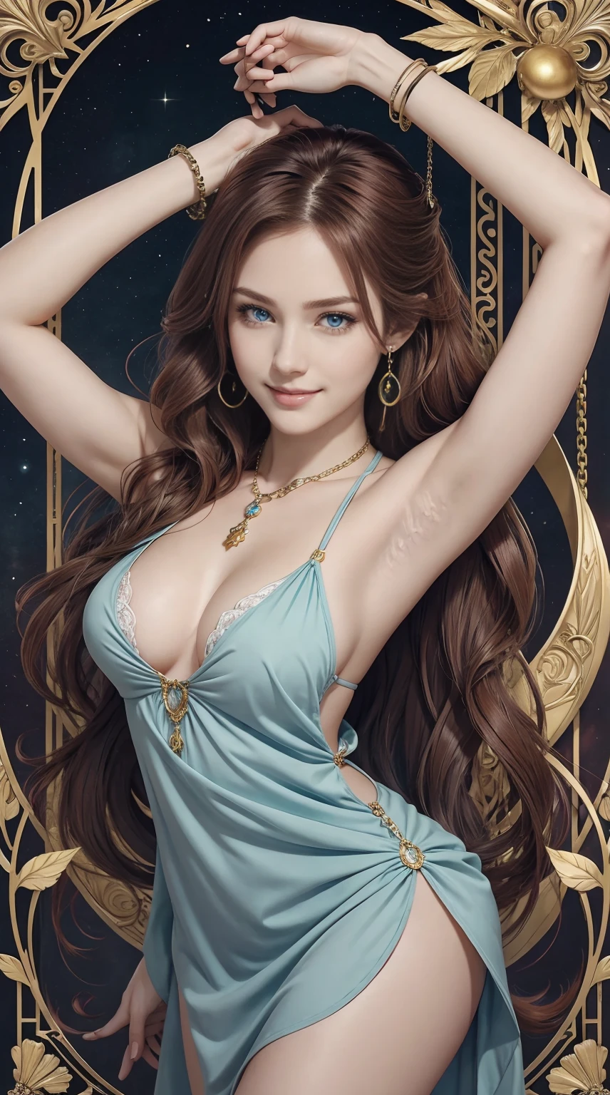 25-year-old Caucasian woman、hair color is reddish、blue eyess、Semi-long、setting hair、I'm tying my hair、My hair is wavy、Slender but thin macho、accessories on the wrist、wearing a chain necklace、Beautiful breasts、a smile、I need space above my head、wearing a mini princess dress、Wearing mules、a smile、art nouveau background