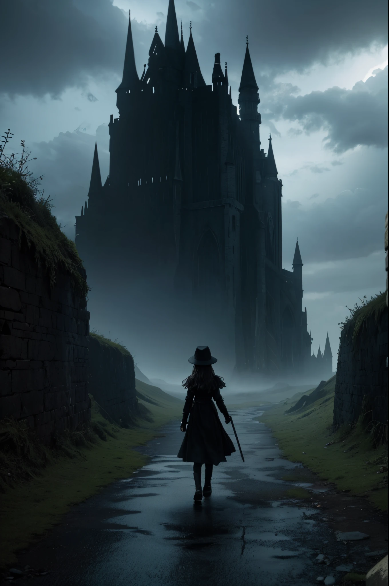 shadow figure, going on a adventure, walking away from viewer, fantasy world, scenery, dark vibes,