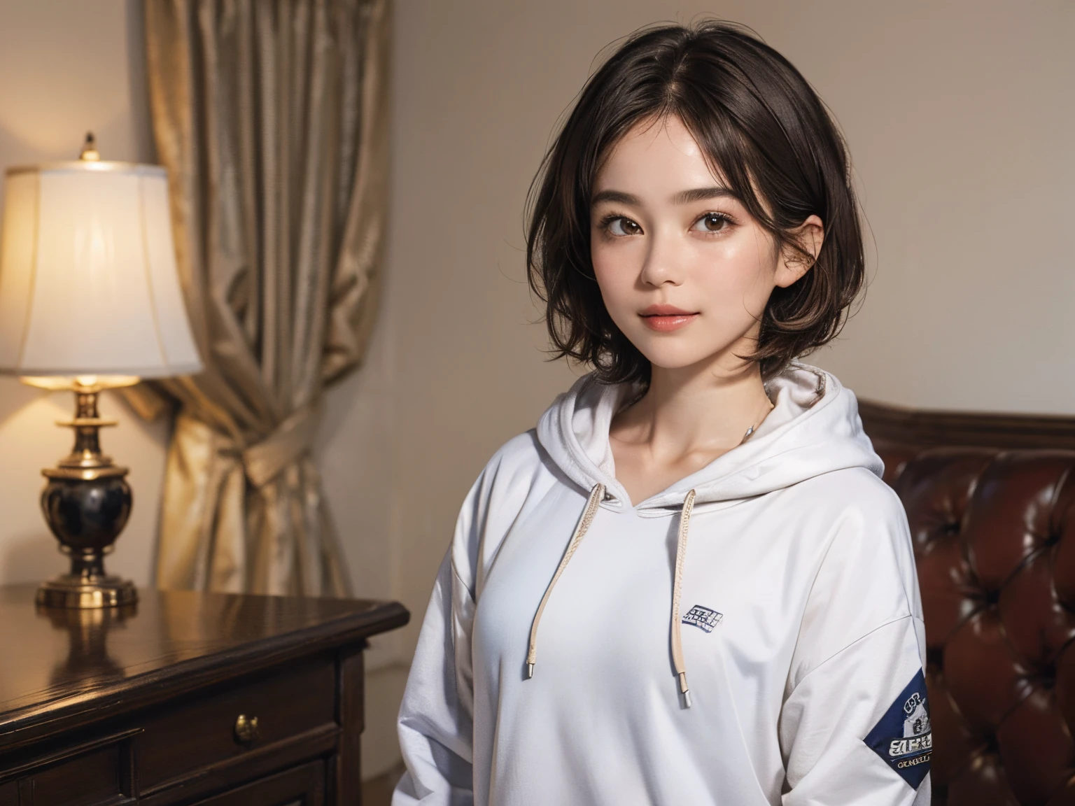 132
(a 20 yo woman,Wearing sportswear), (A hyper-realistic), (high-level image quality), ((beautiful hairstyle 46)), ((short-hair:1.46)), (Gentle smile), (breasted:1.46), (lipsticks), (Large room), (florals), (wearing hoodies)
