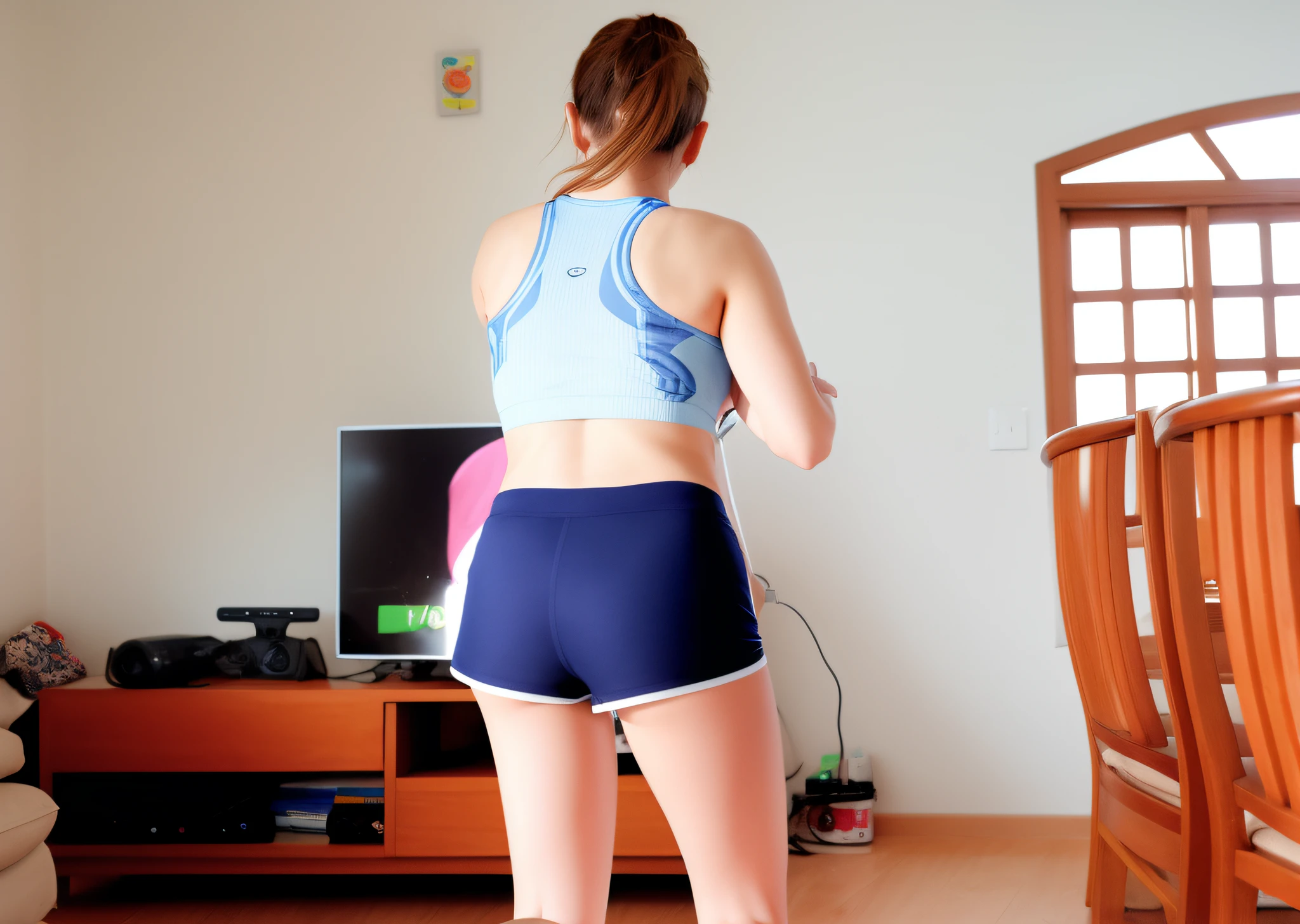 There's a woman standing in a living room playing a video game, sport bra and dark blue shorts, sport bra and shorts, back pose, Backview, Bermuda, Costas - Pneu, from the back, tiro longo das costas, seen from back, tiro traseiro, waist reaching ponytail, mostrando o ombro de costas, tiro nas costas, voltar - ver
