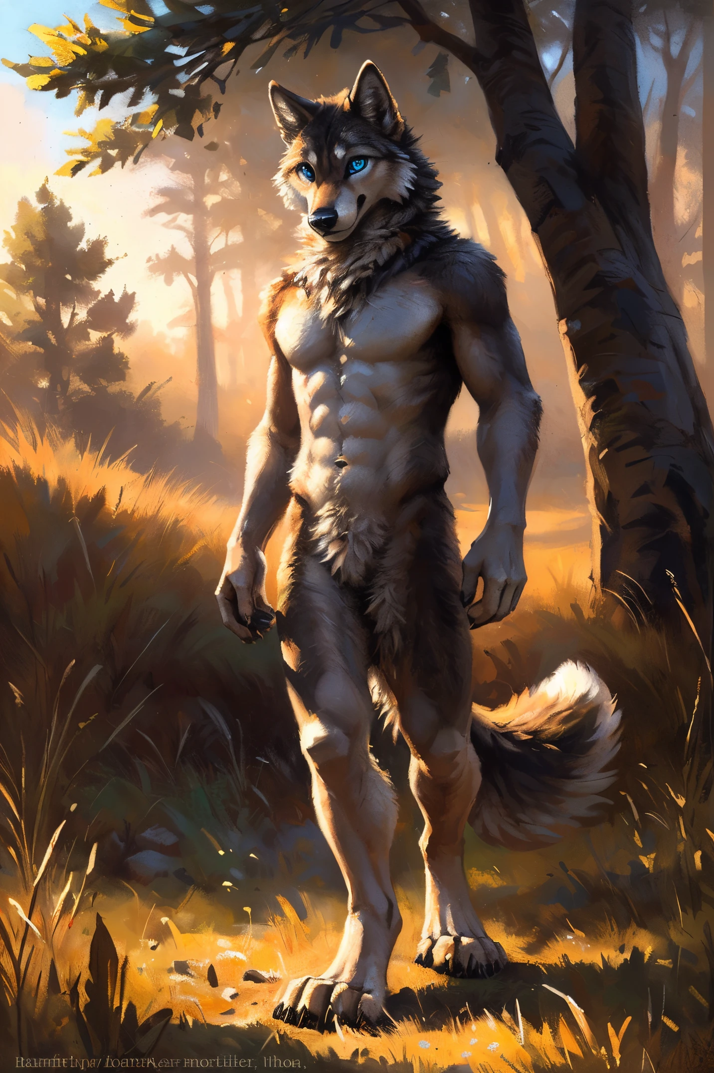 ((Solo)), male people, anthro wolf, (Multi-colored fur, White-brown:1.3，White tail pointed), (Height 2.1m,Tail length 1.5m), ((Wolf face, Big eyes, White eyelids, Blue pupil, Slim:1.2) (Tough, Calm expression:1.2)), Abs, Slim, pinging)), (Correct anatomy), Naked all over the body,A long big tail，Feet，(Realistic fur, Detailed fur texture, labeled:1.3)), (Natural lighting), Photorealistic, Hyperrealistic, ultradetailed, by Kenket，Endless grasslands，No artifacts