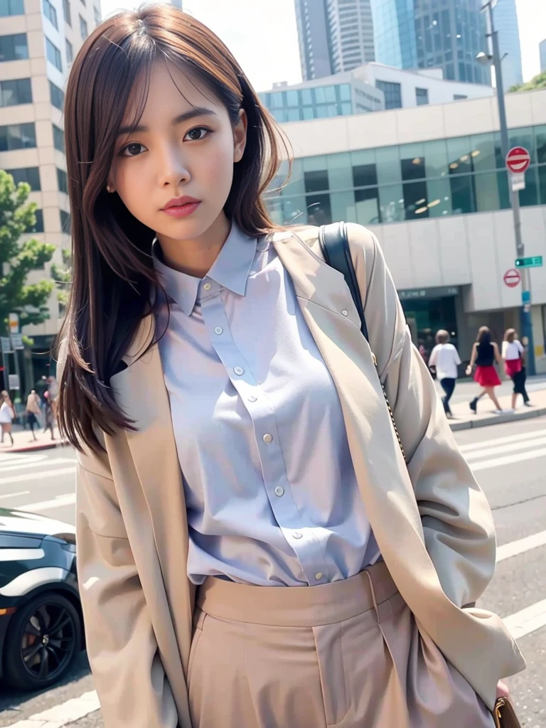 mix4, (RAW photogr),(Best quality at best), (realisticlying),( white backgrounid:1.2), ,,one-girl, Photo, frontage，Highly detailed face, deadpan,[ Brown black hair], XT3, beiges、Camel、High-waisted pants in a neutral color like silver or blue, Pair with a silk shirt and structured blazer, Create a sophisticated and powerful look,