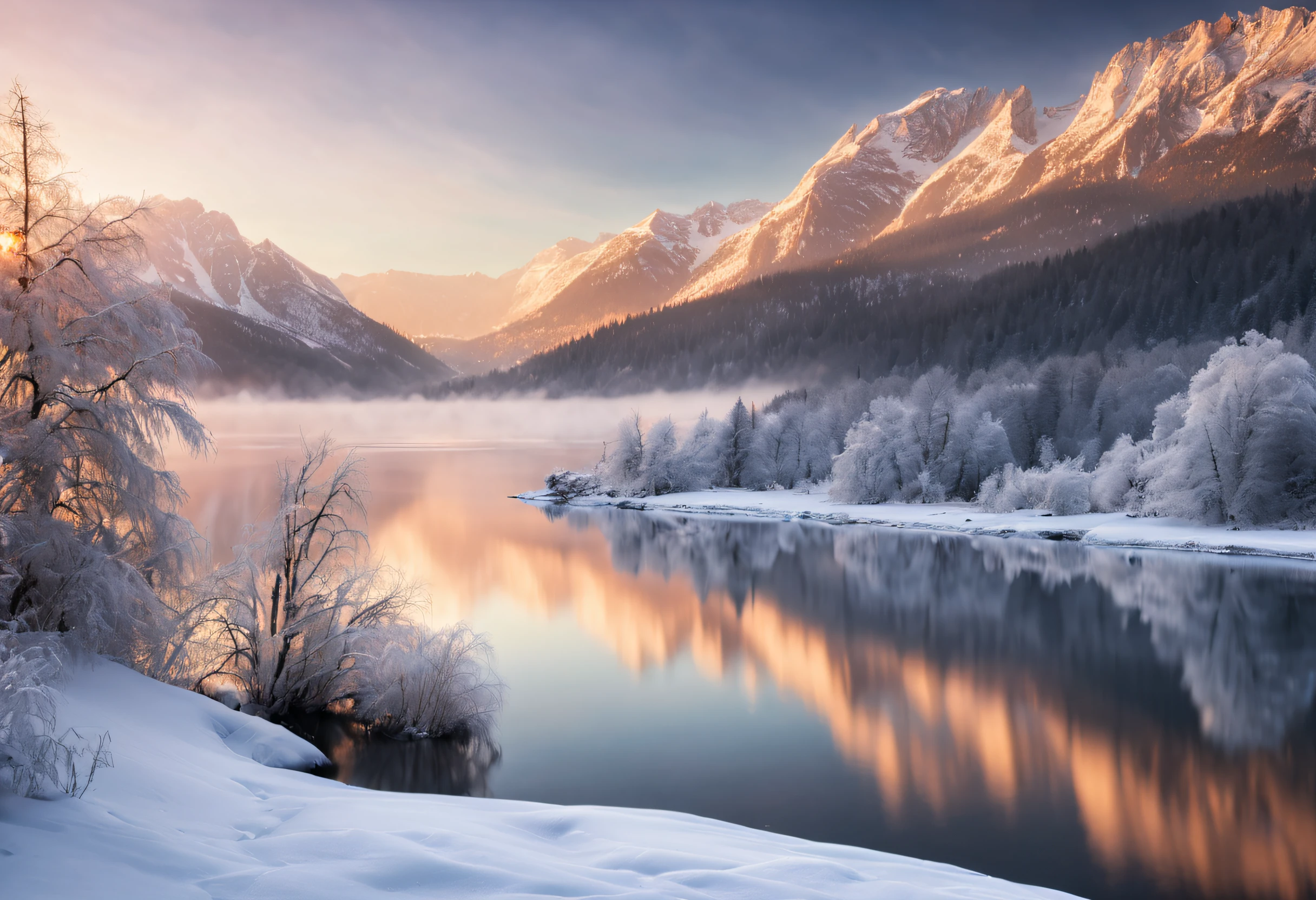 winter:1.1,landscape:1.1,stunning,detailed snow-covered mountains,glistening icy lake,frosty trees,breathtaking sunset,hazy winter sky,subtle color palette,soft natural light,peaceful and serene atmosphere,silence and tranquility,majestic and awe-inspiring scenery,crisp and cold air,ethereal and dreamlike quality,harmony between nature and stillness