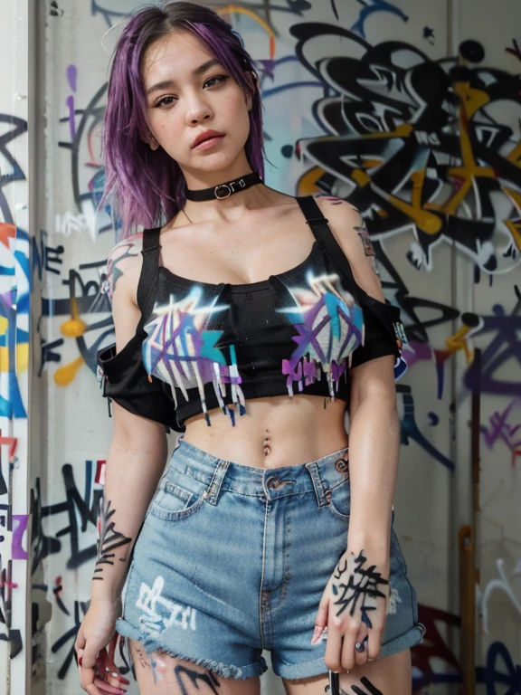 Red and blue painting of the highest quality, High resolution,(A frame made of chains and ruins),pretty girl、Small eyes、(Flat Chest), ((Odd colored hair,green,purple,yellow)), beautiful、、Tattered denim pants、Tattered black tank top、Circus、Collar with a large chain、Clown、(He is pointing a bloody knife at the camera)、Bold Pose