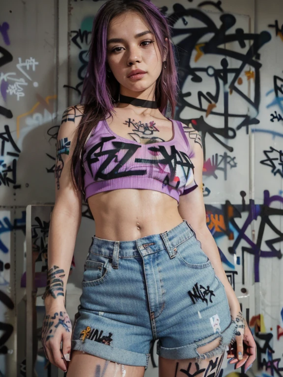 Lisa|GenshinImpact, master piece, top-quality, 1girl in,25 years old, short pants jeans, Oversized breasts, ,yui, croptop, short pants jeans, Choker, (Graffiti:1.5), Splash with purple lightning pattern., arm behind back, Against Wall, See the viewer from the front., Thigh strap, Head tilt, bored, water eyes,