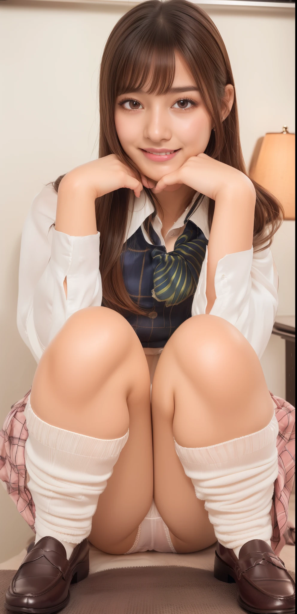 (looking at viewer:1.6),(big smile:1.2),(happy smile:1.1),(extremely beautiful face:1.3),(big eyes:1.3),(double eyelids:1.3),(very long silky hair:1.3),(long eyelashes:1.2), beautiful lips, teeth:1.2),(white panties are clearly visible:1.3),(sexy panties:1.1),(realistic silk panties:1.2),(white panties:1.2),(detailed panties:1.3),( girl:1.2),32K,masterpiece, Raw photo, (detailed fingers:1.2),Best Quality, photorealistic, highly detailed CG Unity 32K wallpaper, intricate detailed face, (Ultra detailed skin:1.2) super idol, clear eyes, thick thighs, drooping eyes, pink checked skirt, Japanese school uniform, brown loafers, loose socks,