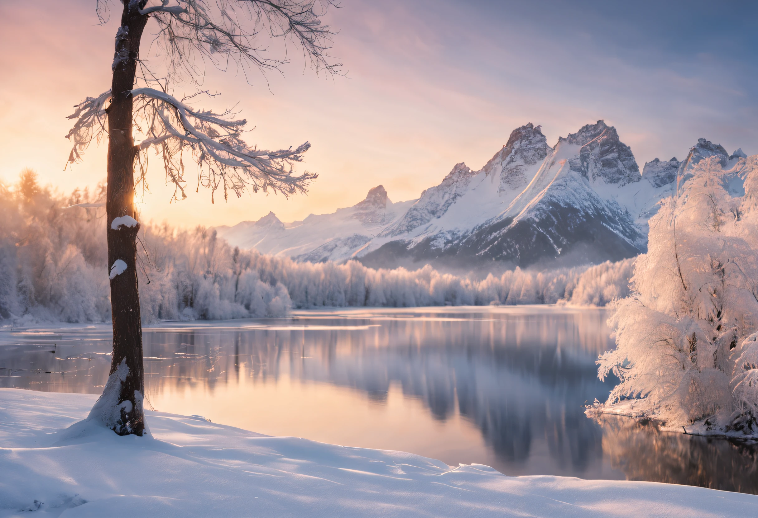 winter:1.1,landscape:1.1,stunning,detailed snow-covered mountains,glistening icy lake,frosty trees,breathtaking sunset,hazy winter sky,subtle color palette,soft natural light,peaceful and serene atmosphere,silence and tranquility,majestic and awe-inspiring scenery,crisp and cold air,ethereal and dreamlike quality,harmony between nature and stillness