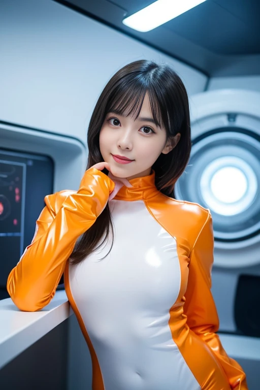 (Place your index finger on your chin, bend the index finger, Shiny rubber suit, gazing at viewer, Leaning forward, 1 girl, Looking at Viewer, from the front side, facing straight at viewer, white and orange clothes, White Gloves, futuristic spacesuit, Inside the spaceship room),
Smile, Upper body, body suit, Mini Pencil Skirt, High neck clothing, Hide the neck, drooping eyes, Head tilt, masutepiece, Best Quality, an extremely cute girl, 20 years old, Black hair, orange line in the center of the clothes
