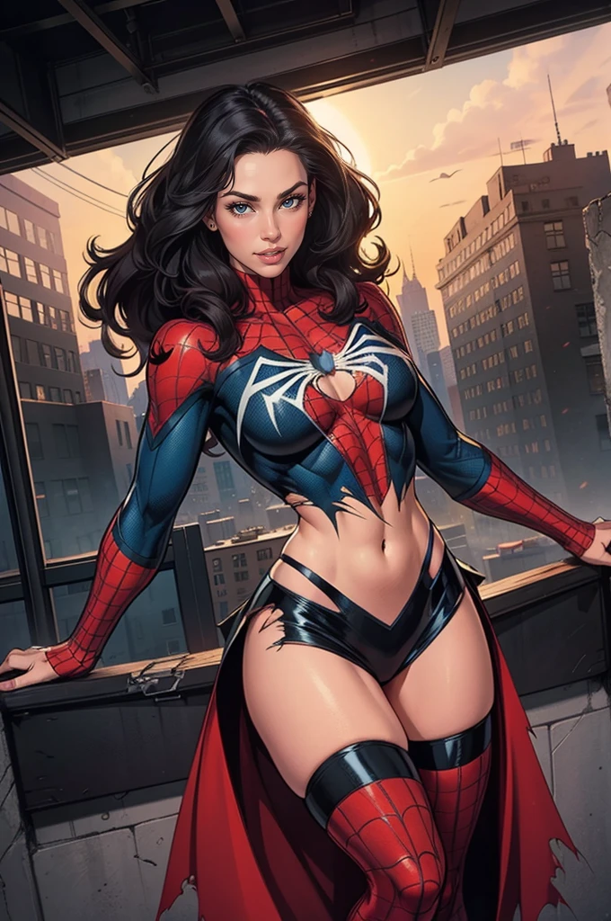 Jessica Alba、Sticking out the navel、newyork、She wears a torn Spider-Man suit,wearing skirt、 Red and black color scheme,Dynamic、​masterpiece、top-quality、ultra-detailliert、ighly detailed、beautiful detailed brilliance、超A high resolution