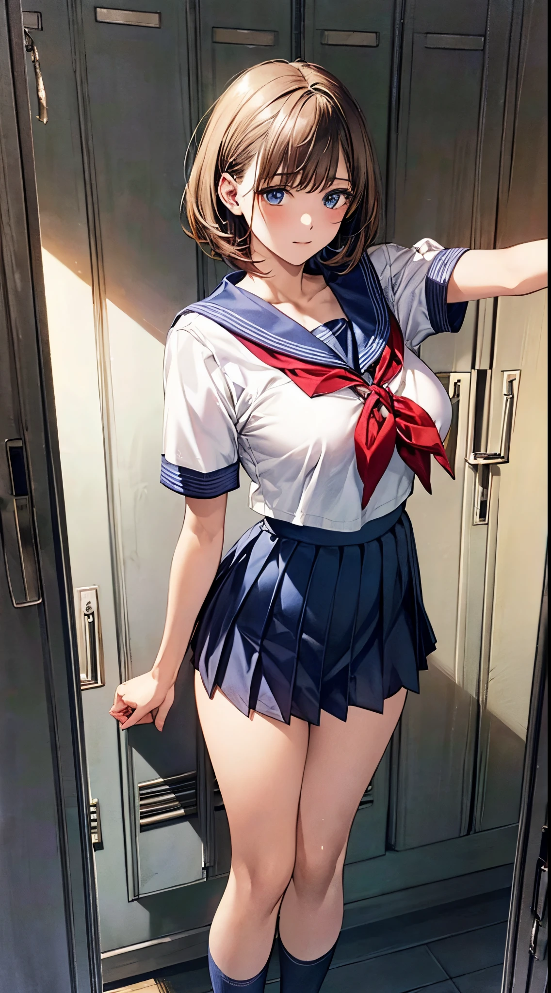 (((perfect anatomy, anatomically correct, super detailed skin))), 1 girl, japanese, high school girl, shiny skin, watching the viewer, back view: 0.7, low angle, 
beautiful hair, beautiful face, beautiful detailed eyes, (short hair:1.1, bob cut:1.2), dark blonde hair:1, blue eyes, babyface, mole under eye, 
beautiful clavicle, beautiful body, beautiful breasts, large breasts:0.5, beautiful thighs, beautiful legs, 
((short sleeves, all dark blue cute sailor suit, dark blue pleated skirt, dark blue sailor collar, sailor scarf, socks, brown loafers)), seductive thighs, (red slave collar), 
((, ashamed, , , )), standing, ((undressing, panty pull)), 
(beautiful scenery), summer, school, locker room, 
8k, top quality, masterpiece​:1.2, extremely detailed), (photorealistic), beautiful illustration, natural lighting, ,