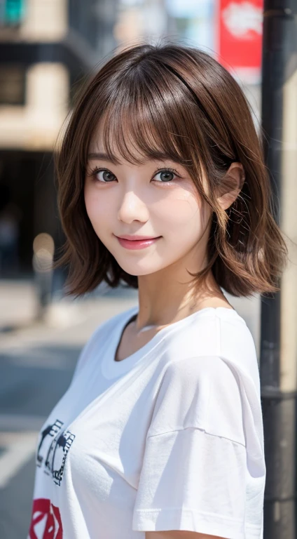(top-quality,8K picture quality,masterpiece:1.3,),(超A high resolution:1.photoreal stick:1.4,Raw photography:1.2),(ultra-detailliert:1.2,shinny skin,Detailed skin:1.1),(Detailed face,Perfect ???????,Caustics:1.2),女の子1人,kawaii,japanes,22year old,Japanese ido,Natural brown hair,Curl short hair outwards,Pretty eyes,natural make up,Oversized T-shirt,A smile,Looking at the camera,up on the face,Face Focus,street corner,Professional Writing,natural soft light,