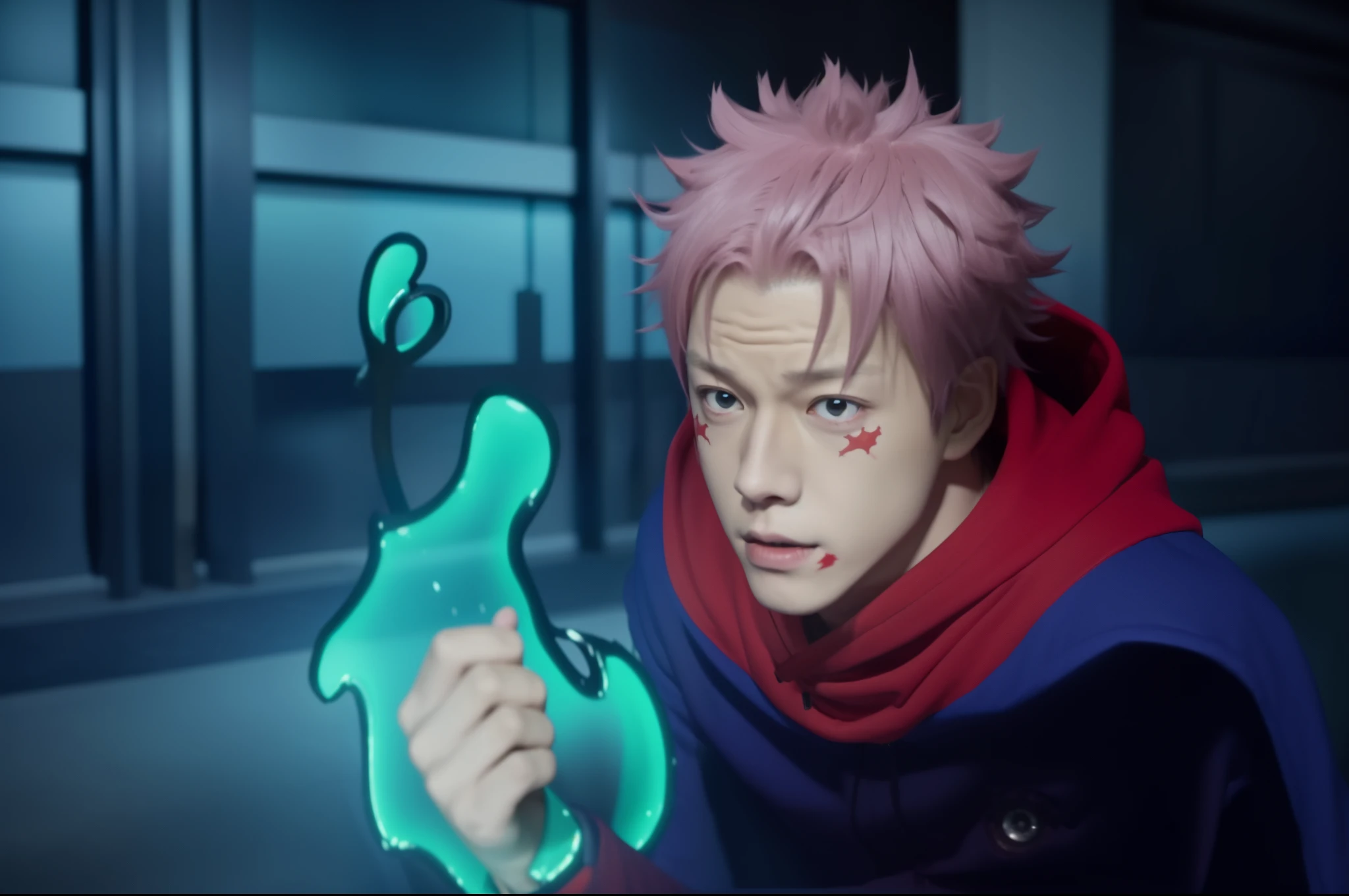 a young teenager in a red hoodie holding a blue light, jujutsu kaisen, screenshot from black clover, in the anime film, joker looks like naruto, ginko showing a new mushi, screenshot from the anime film, nagito komaeda, screenshot from a 2012s anime, screenshot from guro anime, still from tv anime, ((handsome boy)), ((Korean))