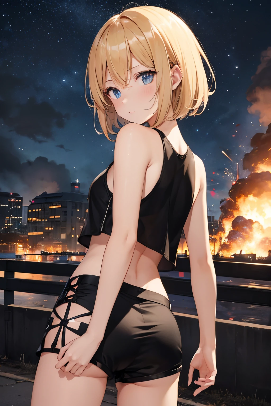 during night、Explosions and flames at an airbase、fence、Building exploding in flames、Show your ass and turn around、cute blonde girl、cute  face、elegant sleek smooth body、full body Esbian、Short bob hair、a blond、blue eye rack tank top、sexy black shorts、Wearing black shorts