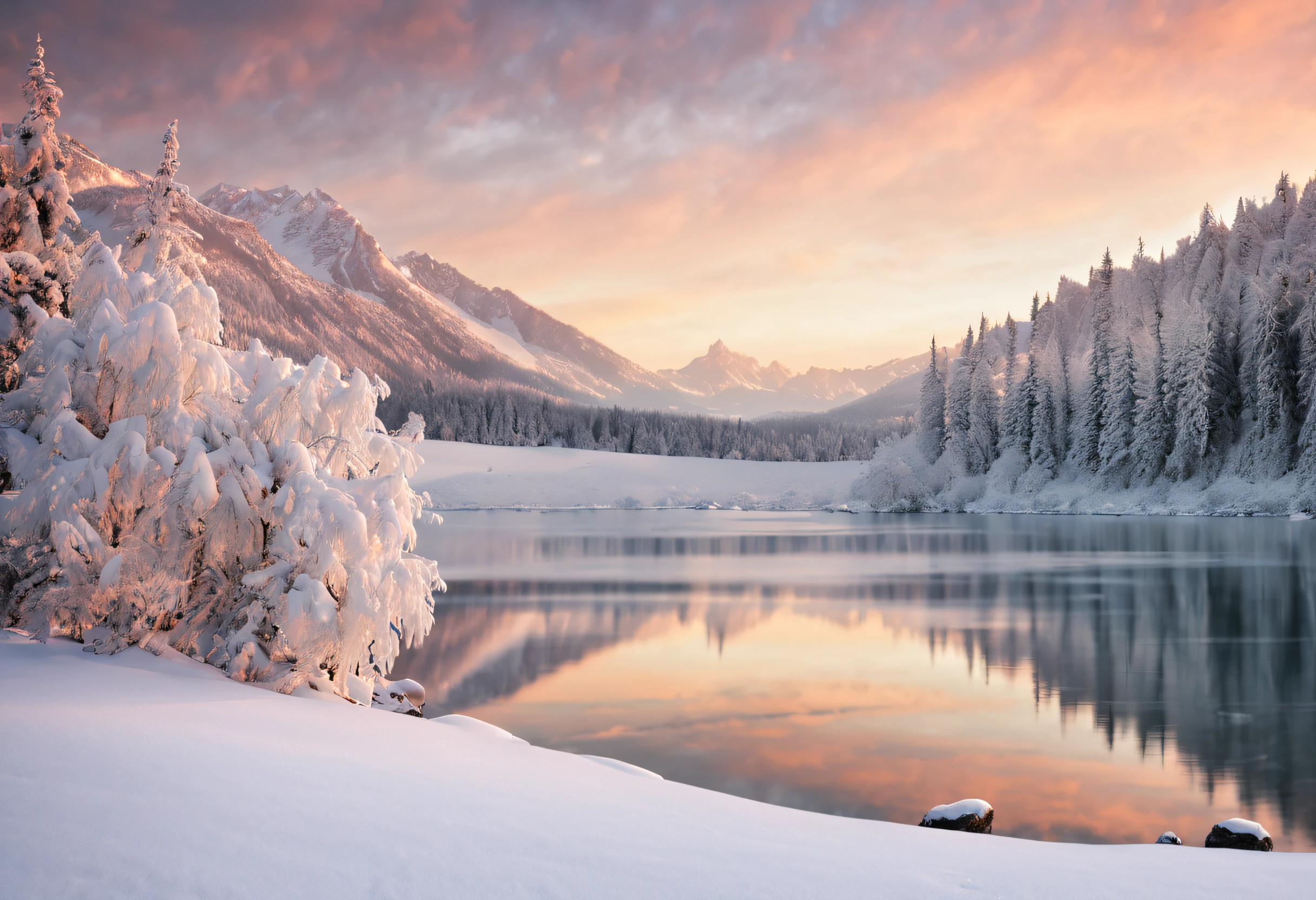 winter:1.1,landscape:1.1,stunning,detailed snow-covered mountains,glistening icy lake,frosty trees,breathtaking sunset,hazy winter sky,subtle color palette,soft natural light,peaceful and serene atmosphere,silence and tranquility,majestic and awe-inspiring scenery,crisp and cold air,ethereal and dreamlike quality,harmony between nature and stillness