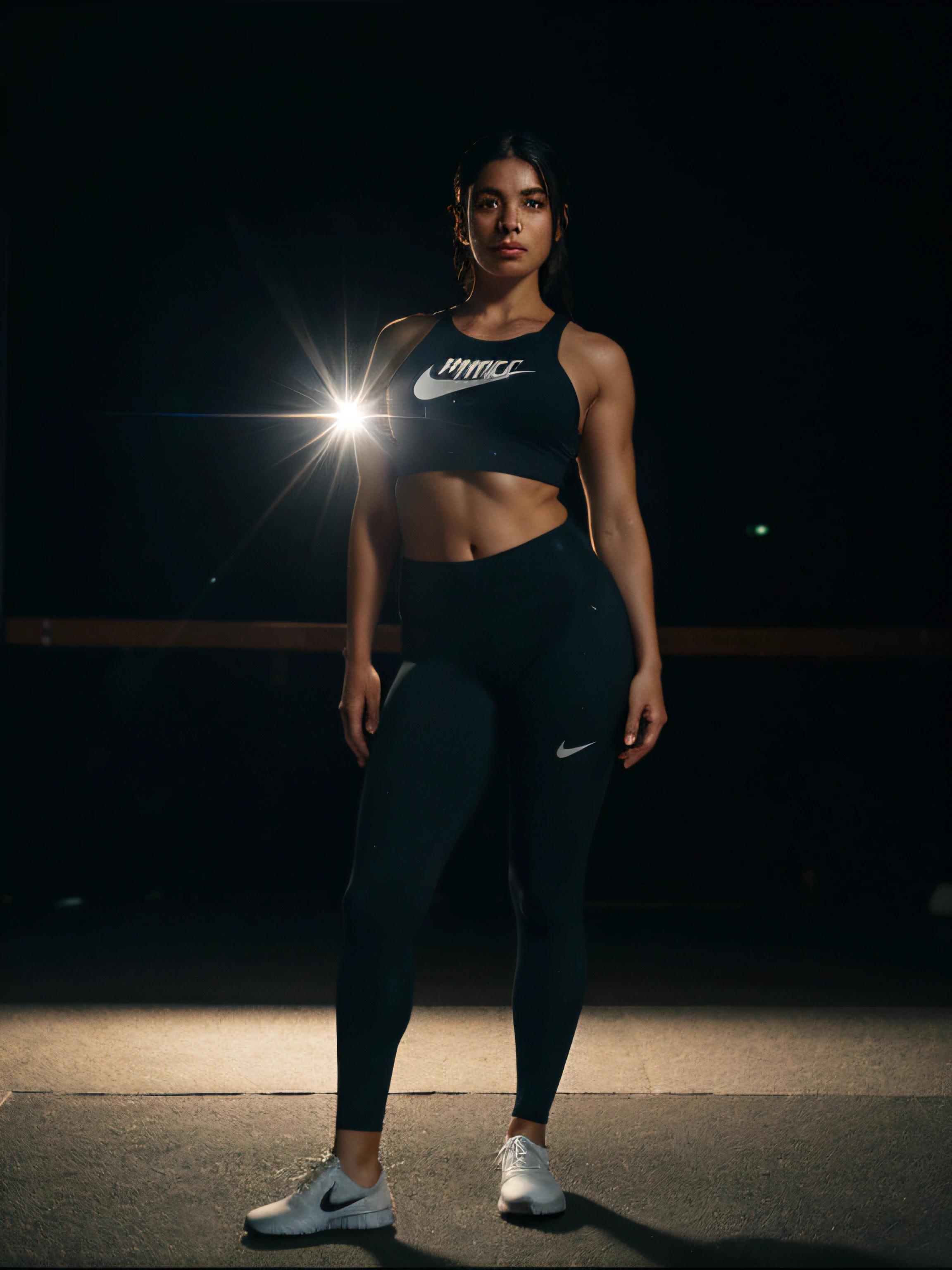 Zendaya, breasts big, curled hair, stretching before a run, whole body, Rear view, before sport, wearing tight black sports tights, training jacket, the clothes are whole and constant, No text, sunny morning, nblurry background, safety shot, cinematic lighting, motion-blur, Film grain, very detailled