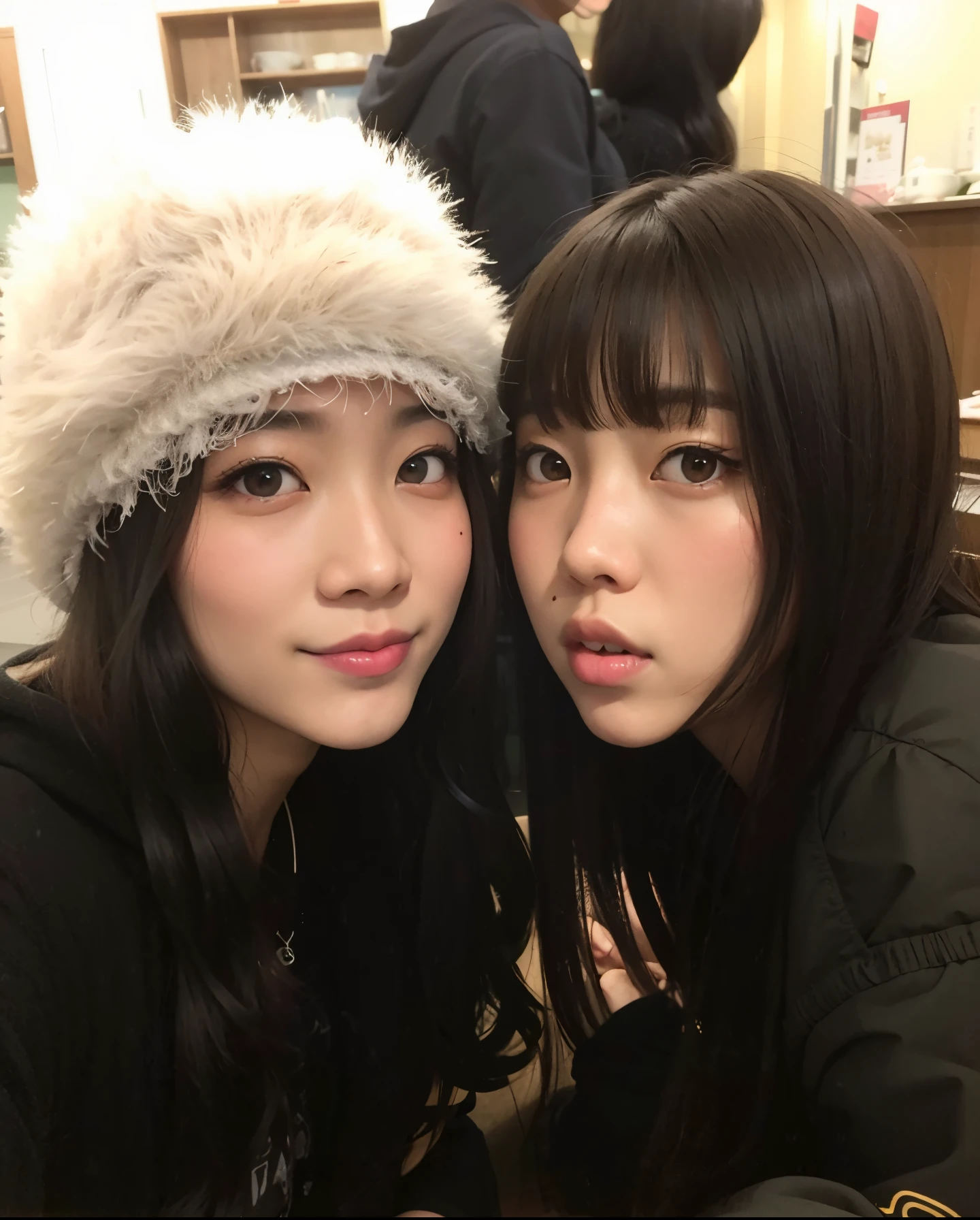 Two Asian women pose for a photo wearing hats, Yoshitomo Nara y Aya Takano, Ayami Kojima y Lyde Caldwell, Jossi de Blackpink, Jisoo de Blackpink, Ella tiene el pelo negro con flequillo, Nixeu y Sakimichan, Sun Yunjoo, Jisoo de Blackpink, Parque Roseanne de Blackpink, Lalisa Manoban de Blackpink