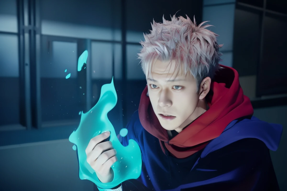a young teenager in a red hoodie holding a blue light, jujutsu kaisen, screenshot from black clover, in the anime film, joker looks like naruto, ginko showing a new mushi, screenshot from the anime film, nagito komaeda, screenshot from a 2012s anime, screenshot from guro anime, still from tv anime, ((handsome boy)), ((Korean)), ((teenager)), ((highschool))