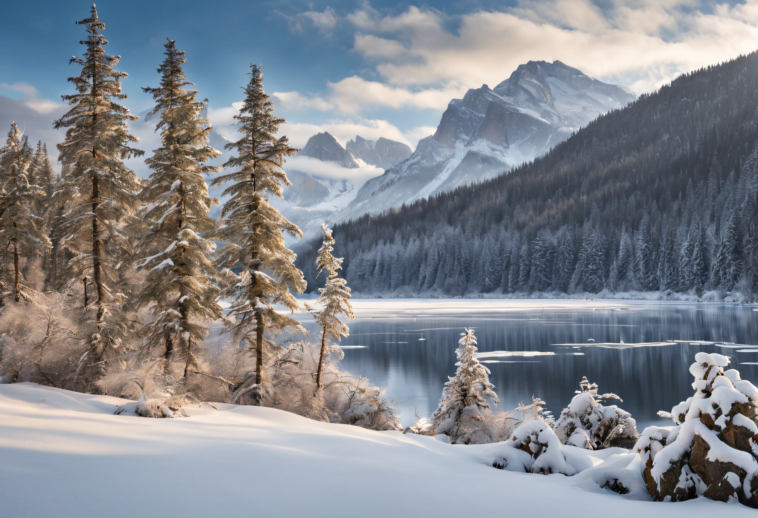 (best quality,4k,8k,highres,masterpiece:1.2),ultra-detailed,(realistic,photorealistic,photo-realistic:1.37),professional photography,wonderful,winter landscape,award-winning image,crisp white snow,glistening ice-covered trees,clear blue sky,snow-capped mountains,frosty breath,subtle sunlight peeking through the clouds,majestic frozen lake,pristine untouched wilderness,tranquil atmosphere,captivating scenic beauty,solitude and serenity,enchanted winter wonderland,dramatic perspective and depth,artistic composition,impeccably balanced colors,soft cool tones,harmonious blend of whites,grays,and blues,delicate play of light and shadows,textured layers of snow,crystal clarity and sharpness,meticulous attention to detail,awe-inspiring natural grandeur,peaceful and still moments,capturing the essence of winter's enchantment.