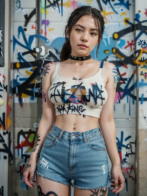 Lisa|GenshinImpact, master piece, top-quality, 1girl in,35 years old, short pants jeans, big breasts, ,yui, croptop, short pants jeans, Choker, (Graffiti:1.5), , arm behind back, Against Wall, See the viewer from the front., Thigh strap, Head tilt, bored, water eyes,blue lightning pattern splash.