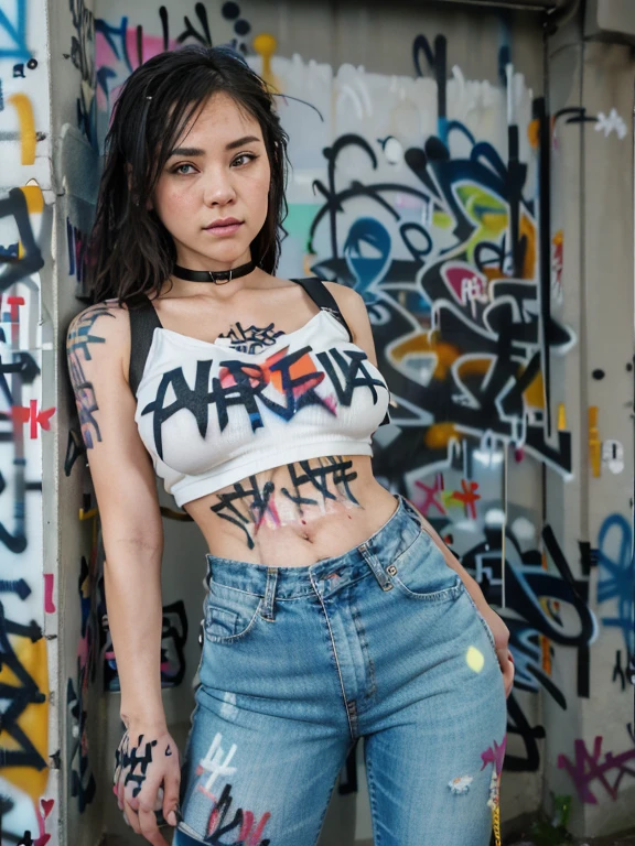 Lisa|GenshinImpact, ​master piece, top-quality, 1girl in,35 years old, short pants jeans, big breasts, ,yui, croptop, short pants jeans, Choker, (Graffiti:1.5), , arm behind back, Against Wall, See the viewer from the front., Thigh strap, Head tilt, bored, water eyes,blue lightning pattern splash.